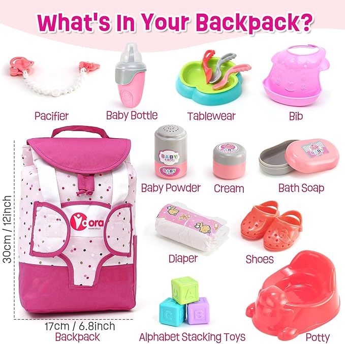Baby Doll Accessories Playset, Baby Doll Care Toys with Changing Bag Backpack Feeding Set Doll Nappies Bottle Bath, Birthday Toys for Kids Girls (Doll Not Included)
