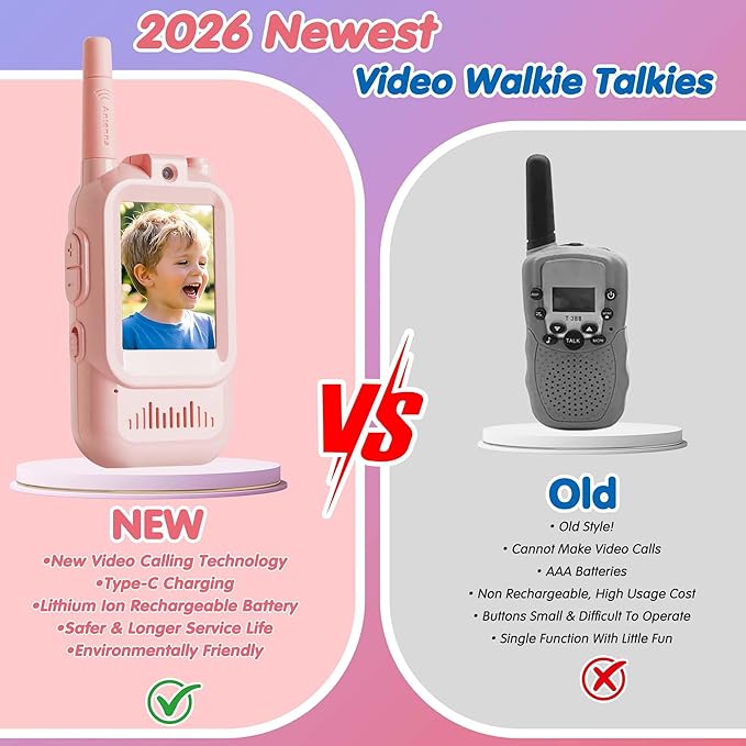 Video Walkie Talkies for Kids, 2 Pack, 400meter Long Range Rechargeable，Voice Changer ，HDCamera, for Outdoor Backyard Camping Games, Toy Gift for Boys Girls Ages 3-10，Pink+Blue（Blue+Blue）