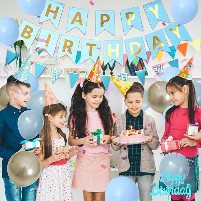 Blue Birthday Decorations, Dusty Blue Happy Birthday Party Decorations With Metallic Sand Gold Dusty Macaron Blue White Balloons Fringe Curtain Banner Cake Topper For Man Woman Party Supplies