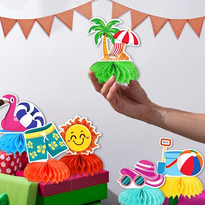 kockuu Beach Party Decorations, 12 Pcs Pool Beach Honeycomb Centerpieces Table Decor Cake Balls Toppers for Summer Hawaiian Aloha Luau Theme Birthday Pool Club Anniversary Party Supplies