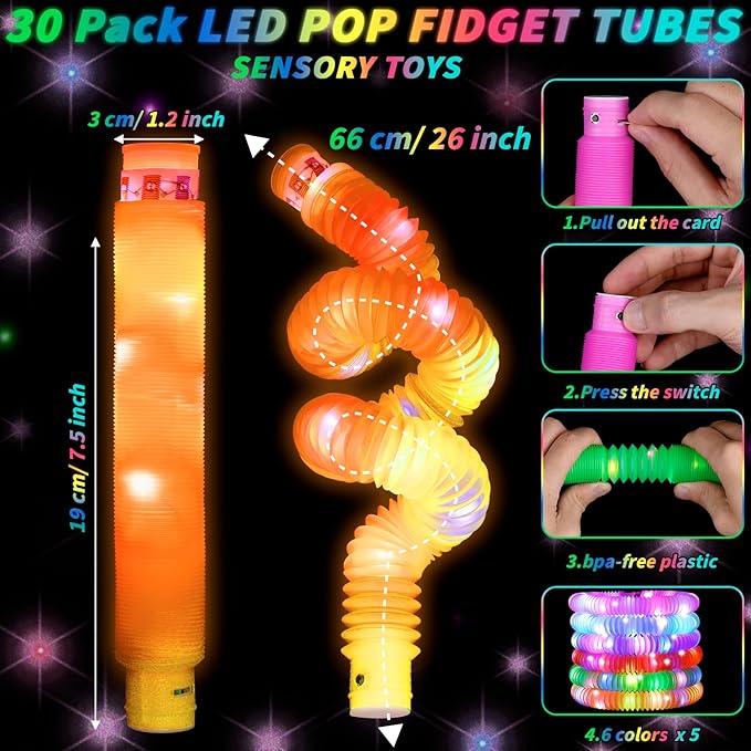 60 Pcs Glow in the Dark Party Supplies 30 LED Light Up Glasses 30 Glow Sticks LED Party Favors Light Up Pop Tubes Flash Glasses LED Bracelet Necklace for Birthday Wedding Goodie Bag