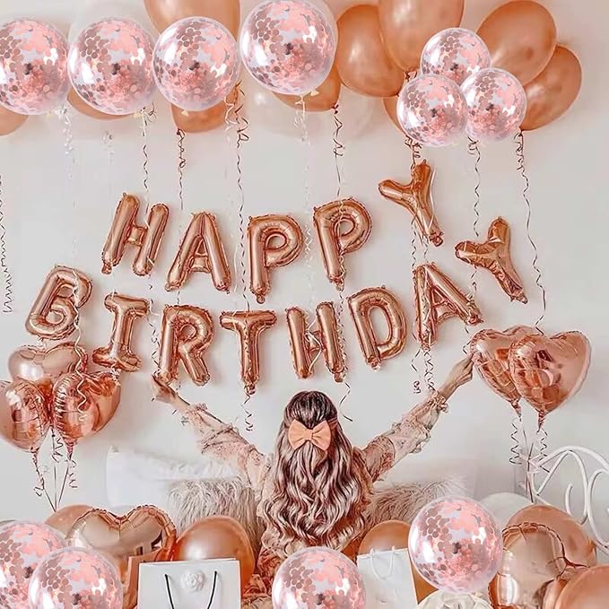 27 Pcs Rose Gold Birthday Decorations, 3D Foil Rose Gold Happy Birthday Balloon Banner, Pentagram Heart Foil Balloons Confetti Balloons Kit For Boys Girls Birthday Party Supplies