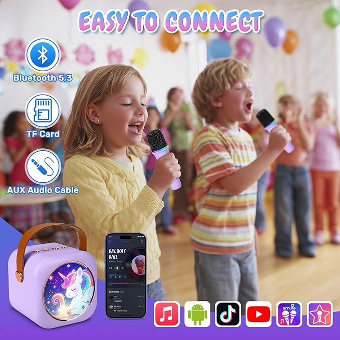 Mini Karaoke Machine with 2 Wireless Microphones, Portable Bluetooth Speaker for Kids & Adults, Ideal Birthday for Girls Boys Ages 3-12, Home Party Travel Entertainment Toy (Purple)