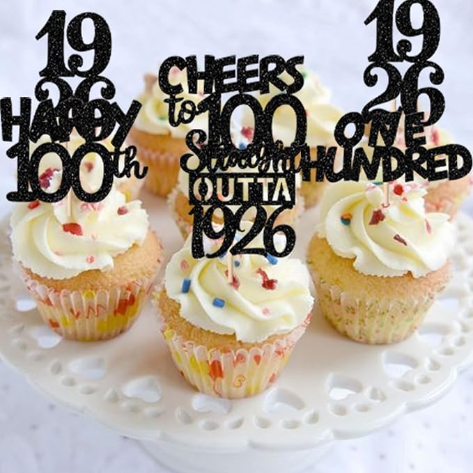 30PCS Black 100th Birthday Cupcake Toppers Glitter One Hundred Years 100 Fabulous Happy 100 Straight Outta 1926 Cupcake Picks for 100th Birthday Anniversary Party Cake Decorations Supplies