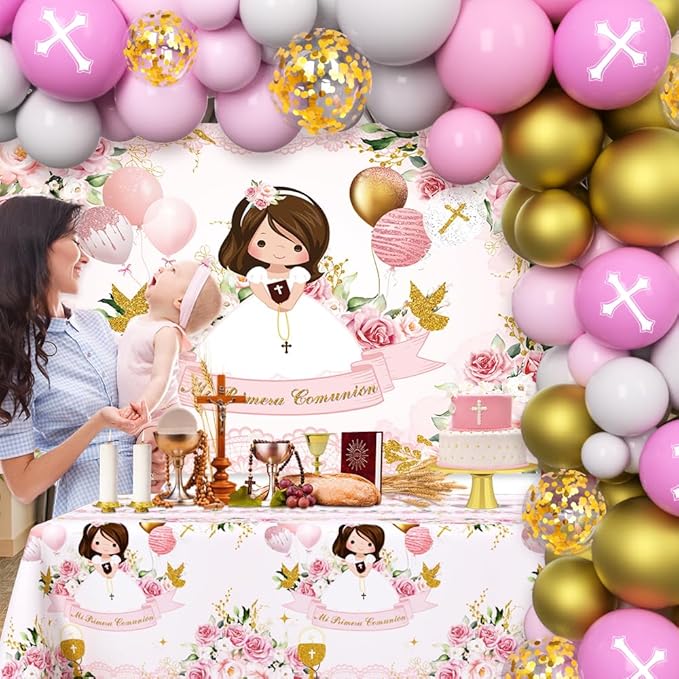 Mi Primera Comunión Decorations for Girls, 90 Pcs Baptism Theme Balloons Mi Primera Comunión Pink Backdrop First Holy Communion Decorations God Bless Baptism Theme Party Supplies