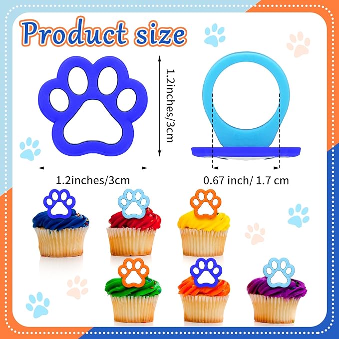 48 Pcs Paw Dog Cupcake Rings Toppers Decorations Orange Blue Red Yellow Paw Dog Theme Birthday Cupcake Rings Decorations for Puppy Baby Shower Party Supplies(Light Color)