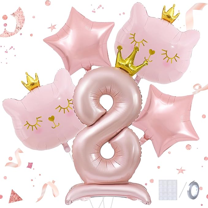 Pink Cat Balloon Set, Crown Cat Foil Balloon, 8 Year Old Girl Birthday Party Decoration, Cat Theme Party Decoration, Theme Party Supplies for Girls Kitten Pet Cat (8)