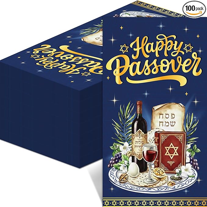 100Pcs Happy Passover Napkins - Passover Party Decorations Jewish Festival Theme Supplies Disposable Luncheon Dinner Napkins 7.8" x4.3" for Home Office Kitchen Table Decor