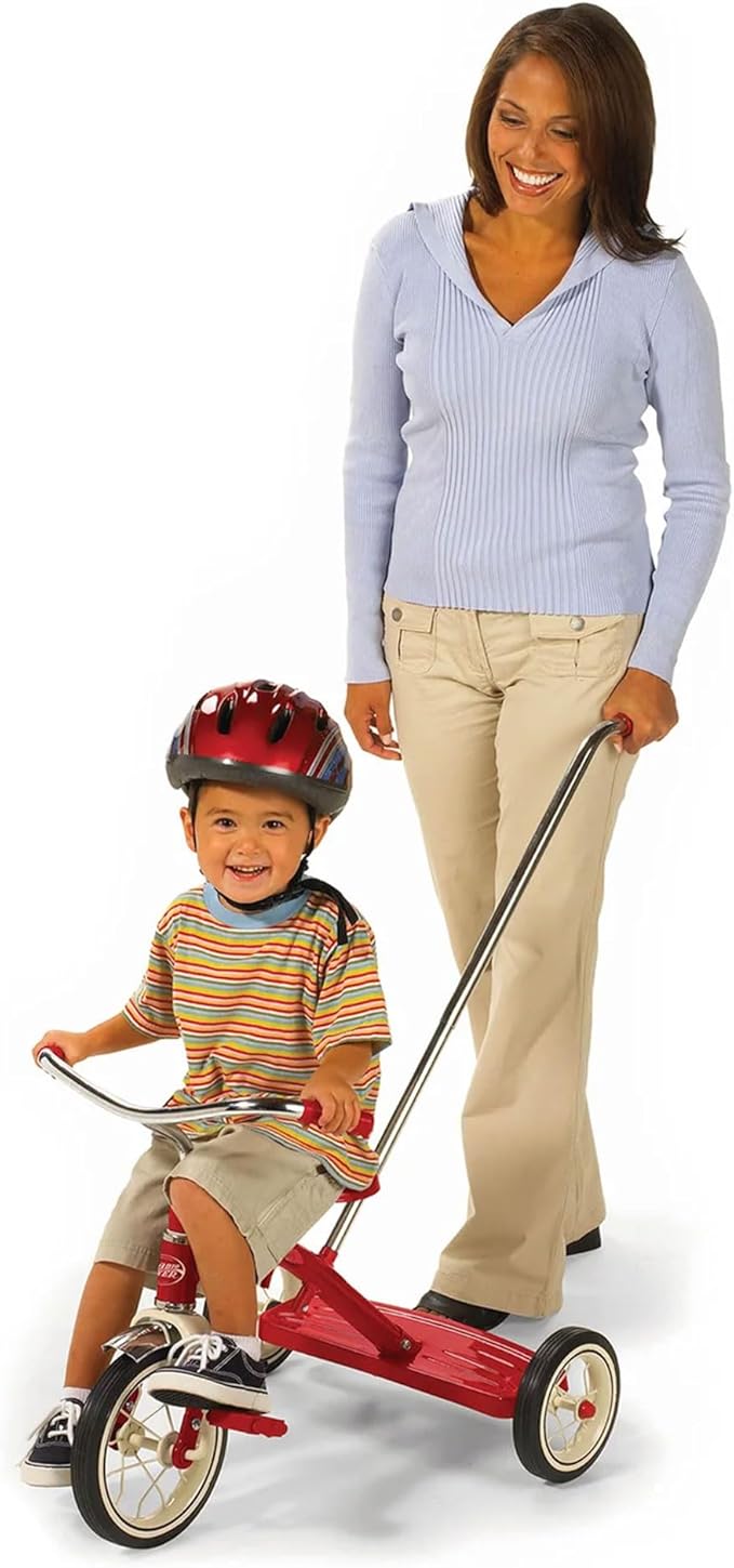 Radio Flyer 34TX Kids Beginner Classic Steel Framed 10 Inch Front Wheel Adjustable Seat Tricycle with 3 Position Push Handle, Red