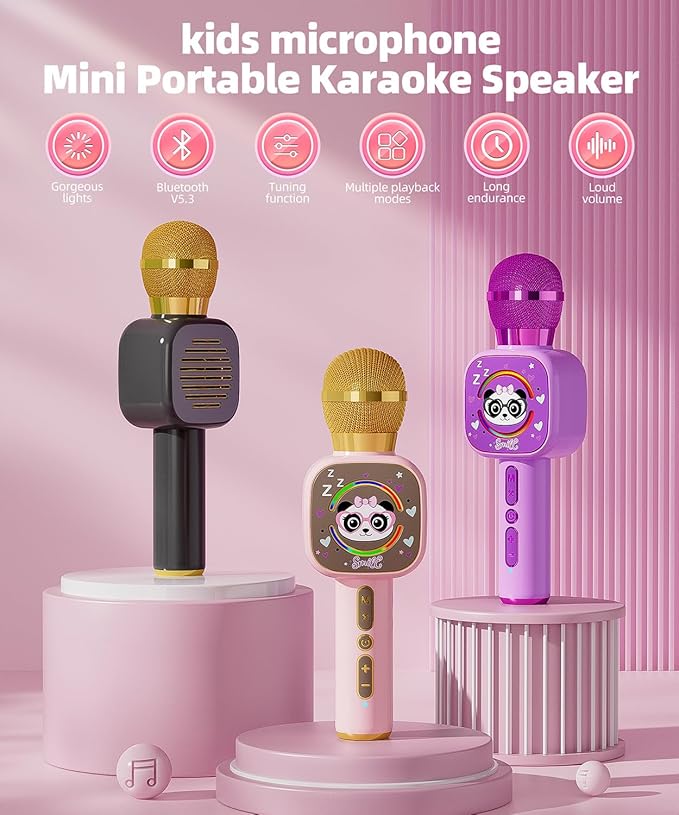 Bluetooth Karaoke Microphone Toy for Kids - Mini Portable Speaker with LED Lights, Wireless Pairing (TWS) for Duet Singing, Christmas Birthday Gift Toys for Boys & Girls Ages 2-12 (Pink - 1)