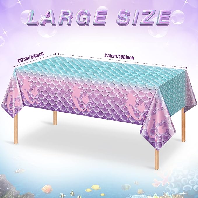 Jectivs 6Pcs Mermaid Birthday Party Tablecloth Decorations,Disposable Plastic Table Cover for Princess Under The Sea Baby Shower Themed Kids Birthday Party Supplies,108x54 Inch