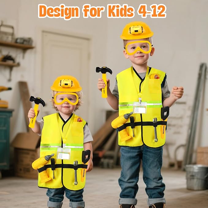 Construction Worker Costume for Kids, Toddler Dress Up Clothes with Kids Tool Set, Construction Vest & Hat, Helmet Light, Electric Drill, Toddler Costumes Pretend Play Toys for Boys Gift Age 4+