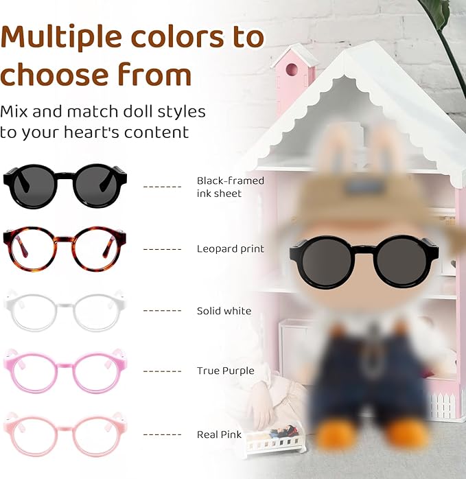 Plastic Doll Dress up Eyeglasses 5Pcs Doll Glasses Mini Glasses Fit Toy Accessories 5 Colors Compatible with 5.12 Inch Figures（Black,Pink,Purple,Leopard Print,White）