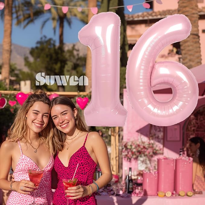 SUWEN 40 Inch Pink Large 16 Number Balloons Big Foil Helium Number Balloons 0-9 Jumbo Happy 16th Mylar Birthday Party Decorations for Girl or Women 61 Anniversary Party Supplies