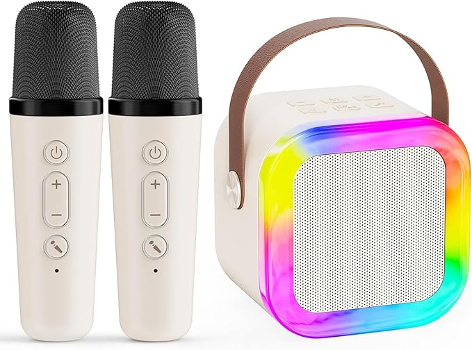 Karaoke Machine for Kids,2025 New Mini Portable Karaoke Toys, Karaoke Speaker with 2 Wireless Microphone & Light for Home Party for Adults (Beige-2Mic)