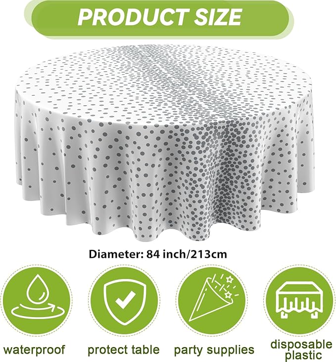 VitalCozy Round Dot Tablecloth 84 Inch Plastic Table Cover Polka Dot Confetti Tablecloths for Easter 2026 Graduation Prom Wedding Birthday Spring Party Supplies(White and Silver,3 Pcs)