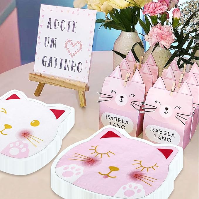100Pcs Cat Napkins, 10.2 x 11.4 Inches Cute Kitty Party Napkin, Pink White Paw Print Paper Napkins, Cat Birthday Decorations Kitten Napkin for Kids Pet Kitty Birthday Party Supplies