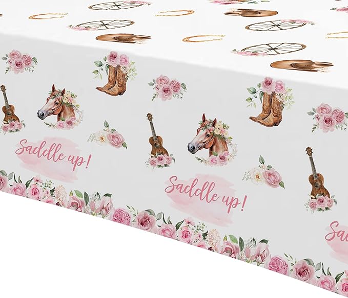 Cowgirl Party Decorations Tablecloth - Horse Saddle Up Western Party Supplies Tablecover, Disposable Wild West Cowgirl Birthday Baby Shower Decorations Table Cloth - 3 Pack (54in x 108in)
