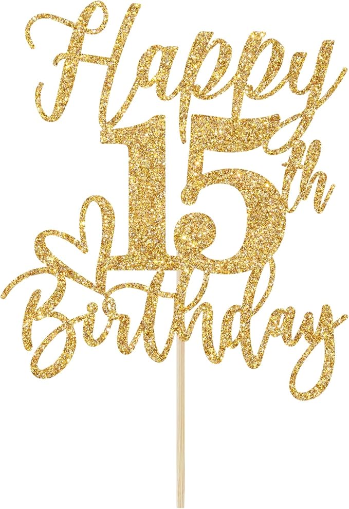 Happy 15th Birthday Cake Topper, 15th Birthday Decorations, Cheers to 15 Years, Hello 15, 15th Happy Birthday Party Decorations Supplies Gold Glitter