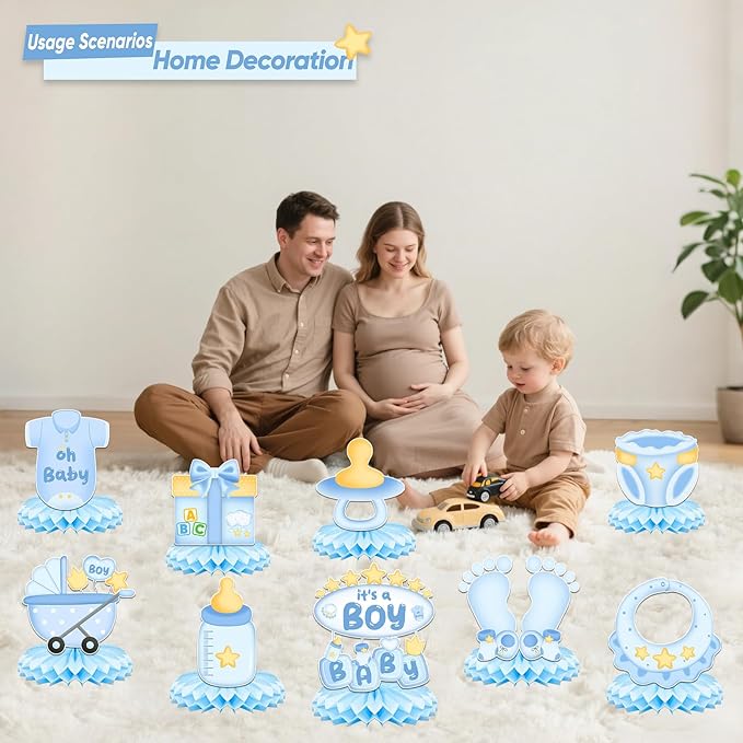 9Pcs Baby Shower Decorations Honeycomb Centerpieces for Boy, Cute Pattern It's a Boy Gender Reveal Table Centerpiece, Gender Reveal Party Supplies (Blue)