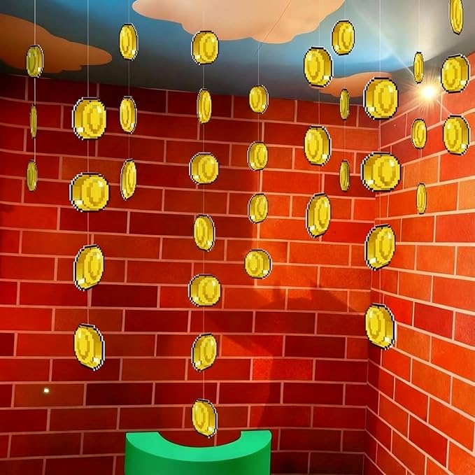 Epakh 24 Pcs Super Themed Party Decorations Hanging Birthday Party Decoration Gold Video Game Theme Ornaments Banners for Baby Shower Favors Super Game Room Home Supplies(Coin)
