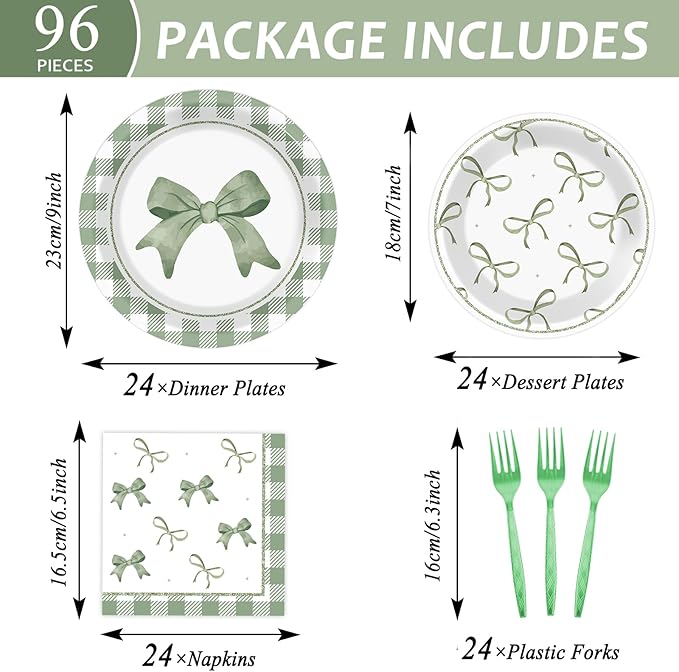 96Pcs Green Plaid Bow Spring Plates and Napkins Coquette Party Decorations Bow Theme Dessert Paper Plates Napkins Birthday Tableware Set for 24 Guests Girls Baby Shower Picnic BBQ Party Suppliess
