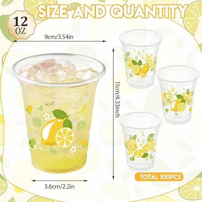 100 Pcs Lemon Plastic Cups,12 oz Yellow Lemon Disposable Clear Plastic Cups Lemons Theme Party Drinking Cup Hawaiian Luau Party Cup for Birthday Wedding Bridal Baby Shower Supplies