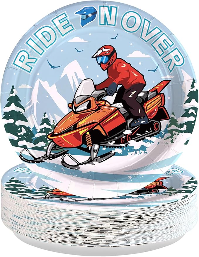 50Pcs Skiing Snowmobile Paper Plates 9 Inch Heavy Duty Disposable Winter Ski Snowmobile Birthday Party Dessert Plates Snow Skiing Wonderland Decoration for Girls Boys Skier Holiday Party Supplies
