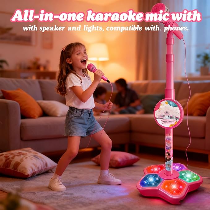 The Multifunctional Microphone Toy, Multi-Functional Microphone Toy with Adjustable Stand, Speakers and Lights, Compatible with Mobile Phones, for Christmas and Birthday (Black)