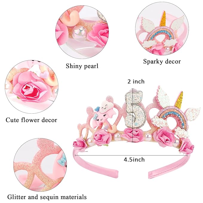 SuPoo 5th Birthday Headband - Pink Flower Crown for Girls' 5th Birthday Party - Cute Princess Tiara Accessory Gift