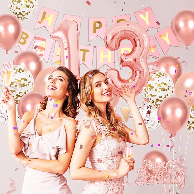 13th Birthday Decorations, Rose Gold 13 Happy Birthday Party Decorations With Gold Confetti Latex Balloons Number 13 Balloons Banner Fringe Curtain Cake Topper For Girl Woman Party Decoration