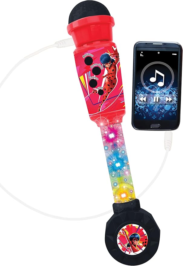 LEXiBOOK Miraculous, Lighting Microphone for Children, Musical Toy Game, Built-in Speaker, Light Effects, Aux-in Cable Plug, Red, MIC90MI