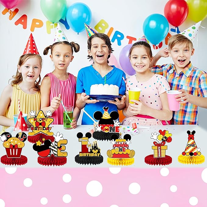 Mouse Table Honeycomb Centerpieces,Cartoon Mouse Themed Table Topper Decor One Year Old Birthday Party Supplies(8 Pcs)