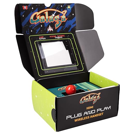 Galaga Plug & Play Arcade Console with TV Stick & Wireless Joystick – Classic Galaga Game On Your TV, Nostalgic Retro Gaming, Easy Setup, Ideal Gift for Gamers & Collectors.