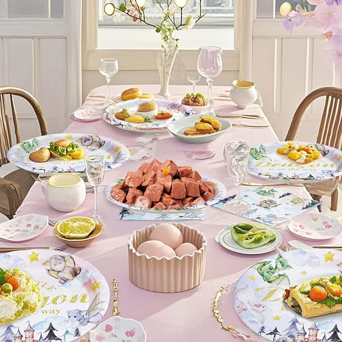 Grencian 96Pcs Dragon Baby Shower Decorations Watercolor Dragons Plates and Napkins Disposable A Little Dragon On The Way Paper Tableware for Boys Girls Baby Shower Party Supplies, Serves 24