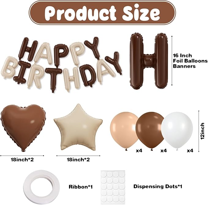29PC Cream Brown Happy Birthday Balloon Banner, 16Inch 3D Aluminum Letter Banner Sign, Brown Apricot Dusty Ivory White Balloon 18 Inch Star Heart Foil Balloon for Women, Men Party Supply