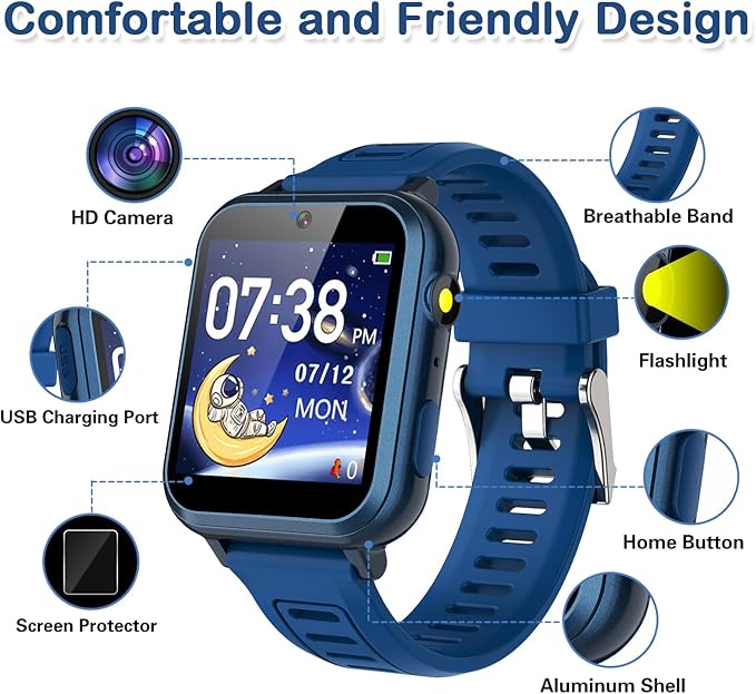 Cosjoype Kids Game Smart Watch for Kids with 39 Puzzle Games HD Touch Screen Camera Music Player Pedometer Alarm Clock Calculator Flashlight 12/24hr Kid Watch Gift for 4-12 Year Old Boys Toys for Kid