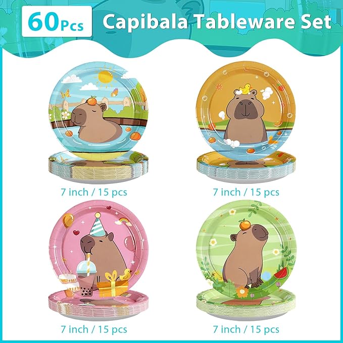 60Pcs Capy Paper Plates 7" Disposable Heavy Duty Cute Cartoon Capibara Dessert Paper Plates Animal Capybaras Themed Tableware Set for Kids Kapybara Birthday Baby Shower Party Decorations