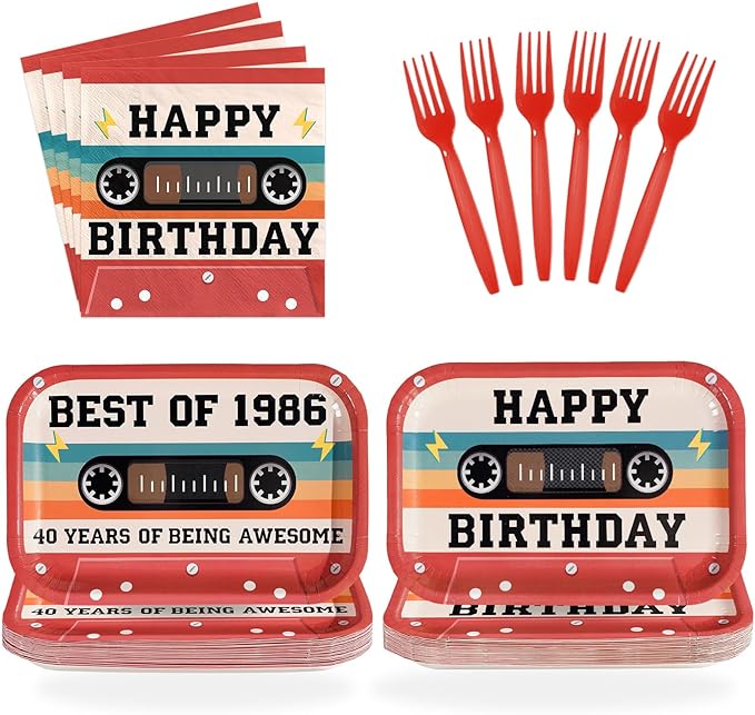 40th Birthday Decorations 96Pcs 40th Birthday Plates and Napkins Retro 80s Party Cassette Tape Disposable Tableware for 40 Year Old Women Men Retro Music Hip Hop Party Decorations