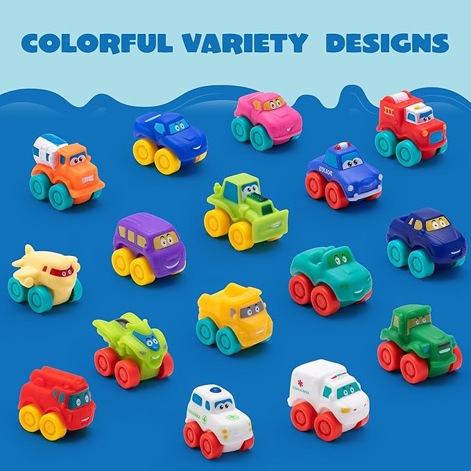 JOYIN Cartoon Cars, Soft Rubber Toy Car Set, Mini Vehicles, Bath Toy Car for Toddlers, Christmas Great Gift for Boys and Girls, Summer Beach and Pool Activity, Party Favors for Kids, Easter Basket