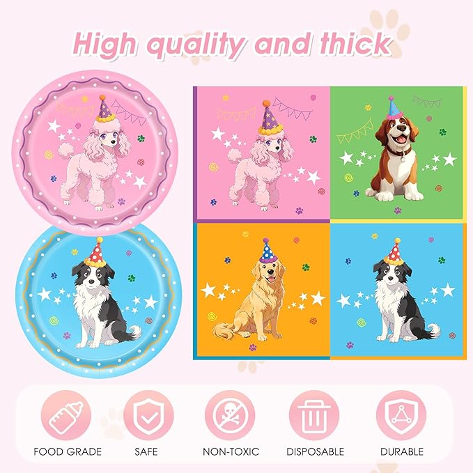 41Pcs Pet Dog Birthday Party Supplies Retro Dog Paper Plates and Napkins Colorful Puppy Birthday Plastic Tablecloth Tableware Disposable Pet Dinnerware Decor Set for Kids Party Baby Shower Table Decor
