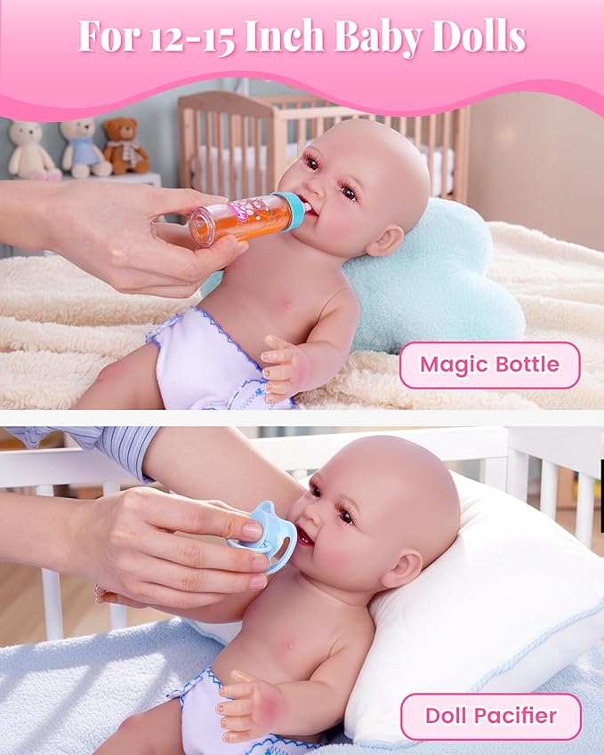 BABESIDE Baby Doll Accessories, Doll Carrier with Magic Bottle, Doll's Diaper, Doll Teddy & Pacifier – Baby Dolls Accessories Set for 12-15 Inch Dolls, Pretend Play Gift for Girls Boys Ages 3+