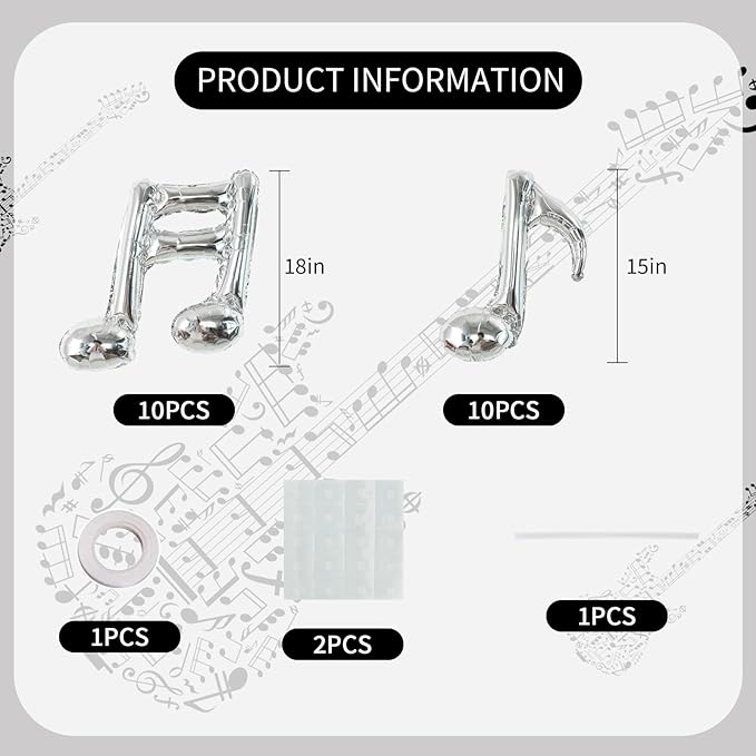 TONIFUL 20pc Music Balloons - Silver Music Notes Party Decorations - Aluminum Foil Balloons for Birthday, Baby Shower, Outdoor Party