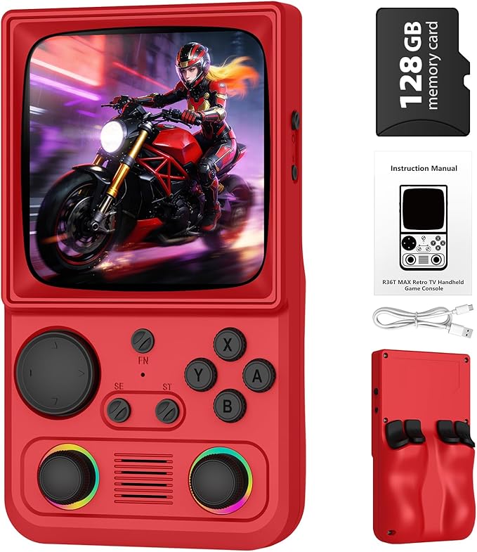R36TMAX Upgraded Retro Handheld Game Console with 4000mAh Battery, 4.0'' IPS Screen, Retro Gaming Console with Portable Case, Supports WiFi Networked Fighting and OTG (128GB Red)