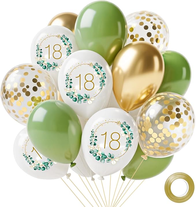 Sage Green Balloons, 14pcs 12inch Sage Green White Metallic Gold Confetti Balloons with Number 18 Printed for Boys Girls Boho 18th Birthday Wedding Bridal Baby Shower Party Decorations