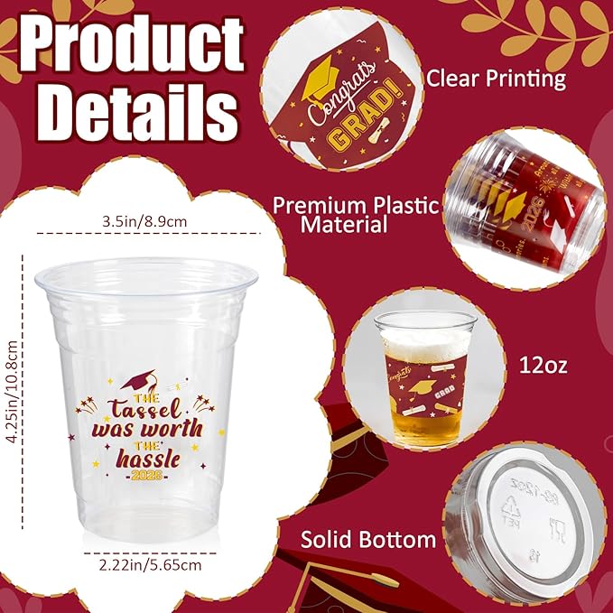 GuassLee Maroon Graduation Decorations 2026 Party Cups - 50pcs 12 Oz Maroon Disposable Graduation Plastic Clear Cups for Drinks Class of 2026 Grad Party Supplies