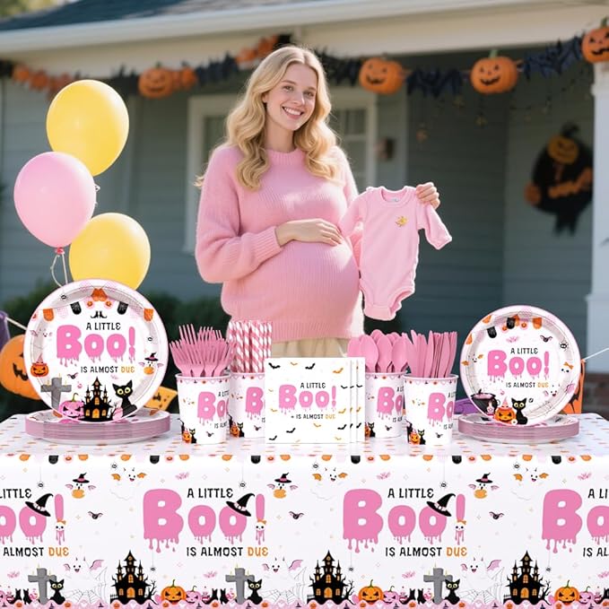 194Pcs Halloween Baby Shower Decorations for Girl A Little Boo is Almost Due Baby Shower Party Plates, Cup, Napkin, Tablecloth, Tableware, Halloween Themed Party Supplies Plates Serve 24 Guests