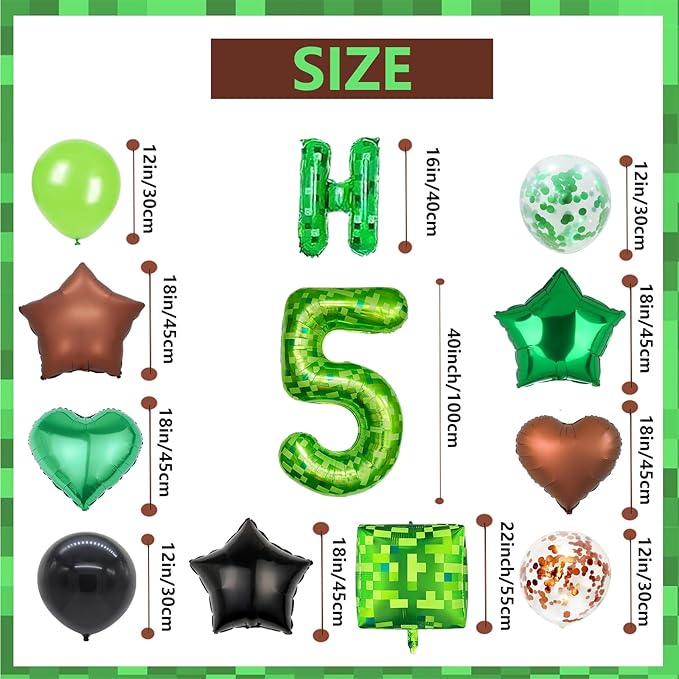 34Pcs Pixel Happy Birthday Party Decorations Set Green Pixel Miner Number 5 Foil Balloon Large Mylar Mining Theme 5th Number Balloons Video Game Party Supplies Cubes Boxes Decor