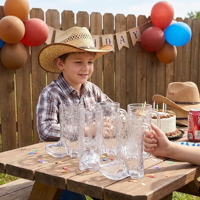 JoyServe Cowboy Boot Cups - (Bulk Pack of 12) 17oz Drink Mugs, Reusable BPA-Free Plastic Drinking Mug Cups for Kids, Western Themed Rodeo Birthday Party Decorations and Supplies