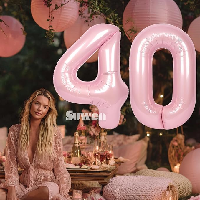 SUWEN 40 Inch Large Pink 40 Balloon Numbers Big Foil Helium Number Balloons 0-9 Jumbo Happy 40th Mylar Birthday Party Decorations for Women Anniversary Party Supplies